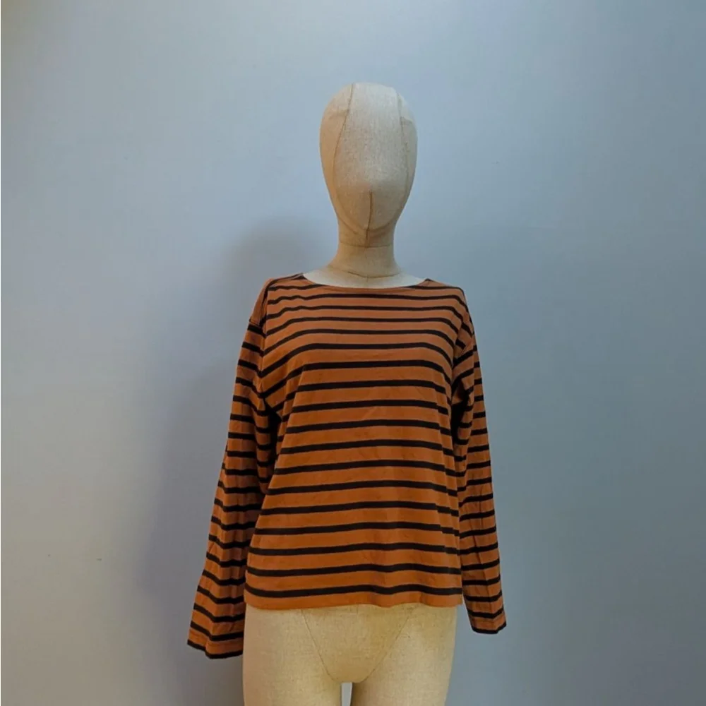 Everlane Long Sleeve Orange Black Striped Tee - XS - Picture 2 of 8